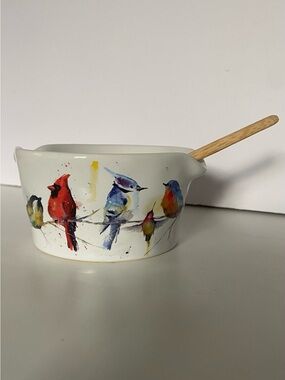 Dean Crouser 2 Spout Baking Dish Bird Bowl With Wooden Spoon for DEMDACO EUC